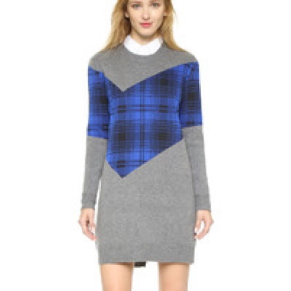 Thakoon Collective Dombo Tunic Addition Plaid Blue & Grey Sweater Dress - Small